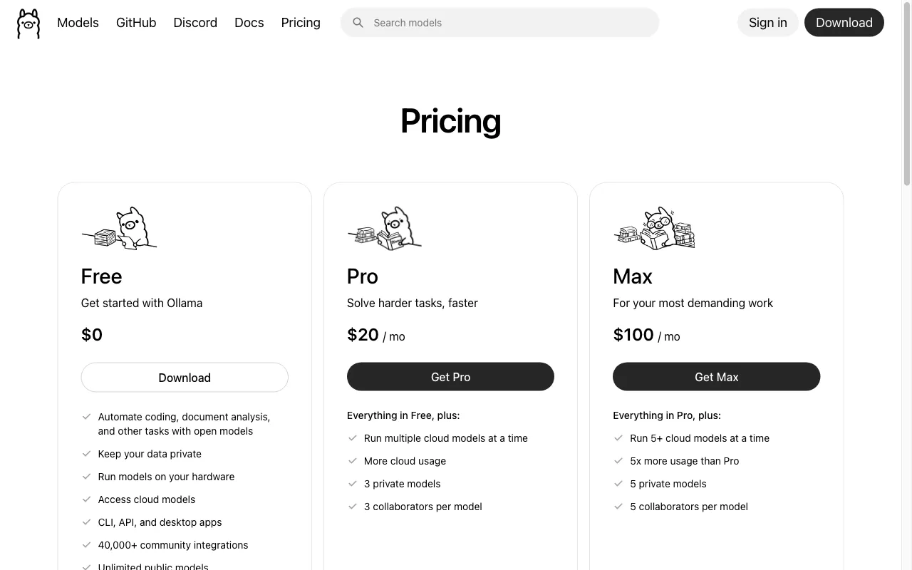 Ollama — pricing page