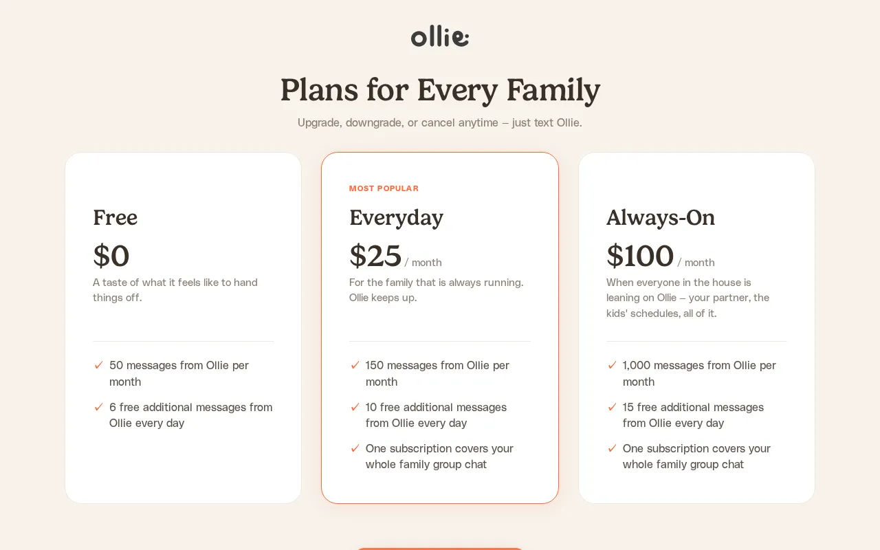 Ollie AI — pricing page