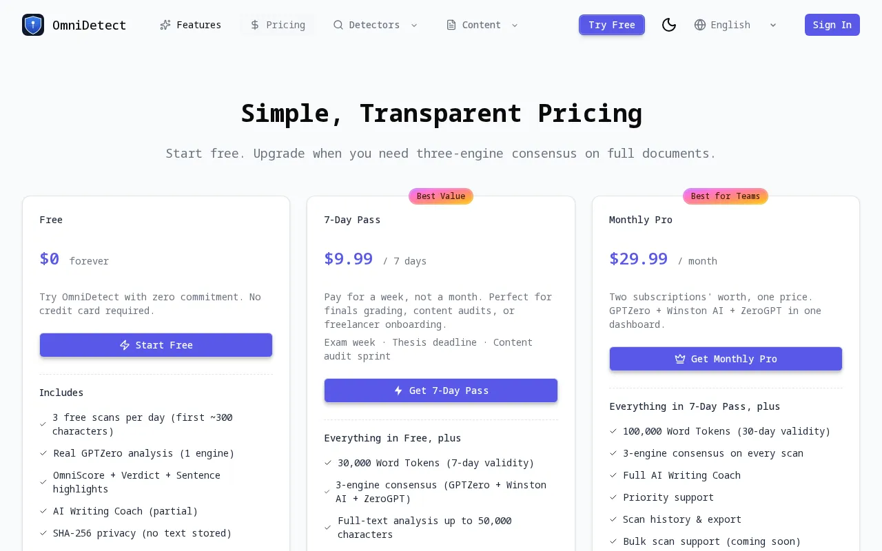 OmniDetect — pricing page