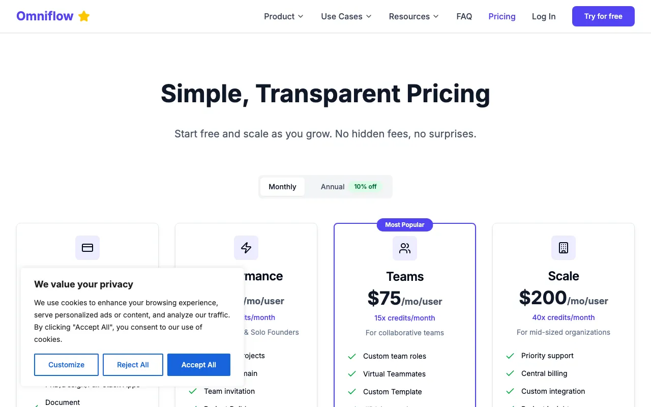 Omniflow — pricing page