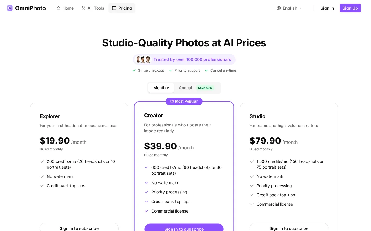 OmniPhoto — pricing page