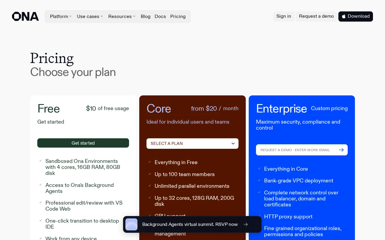 Ona — pricing page