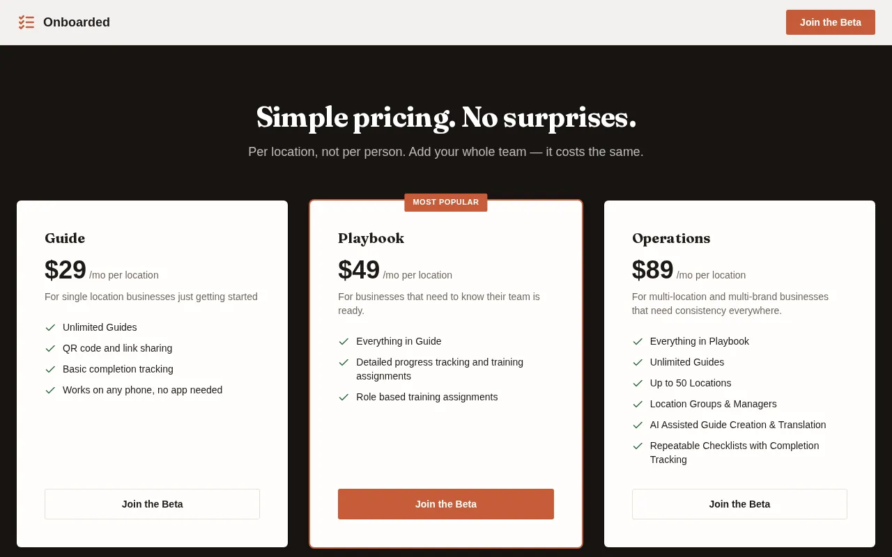 Onboarded — pricing page
