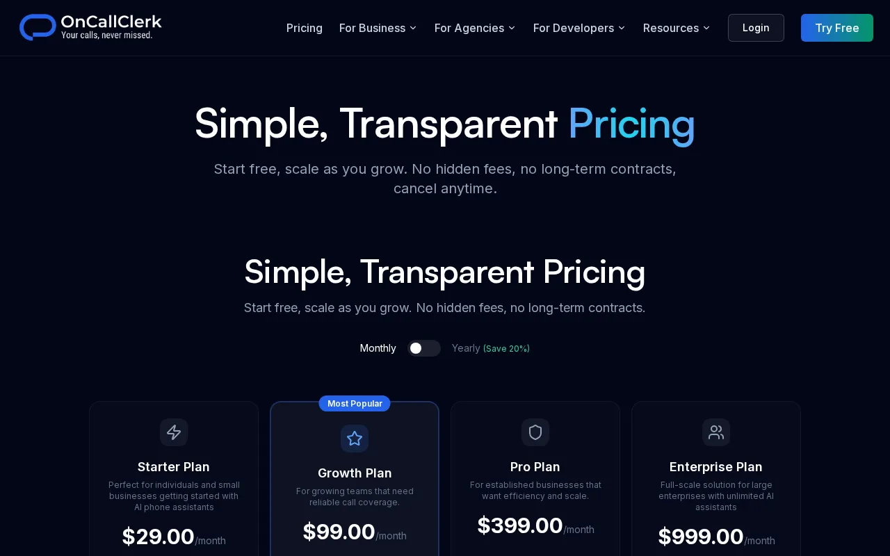 OnCallClerk — pricing page