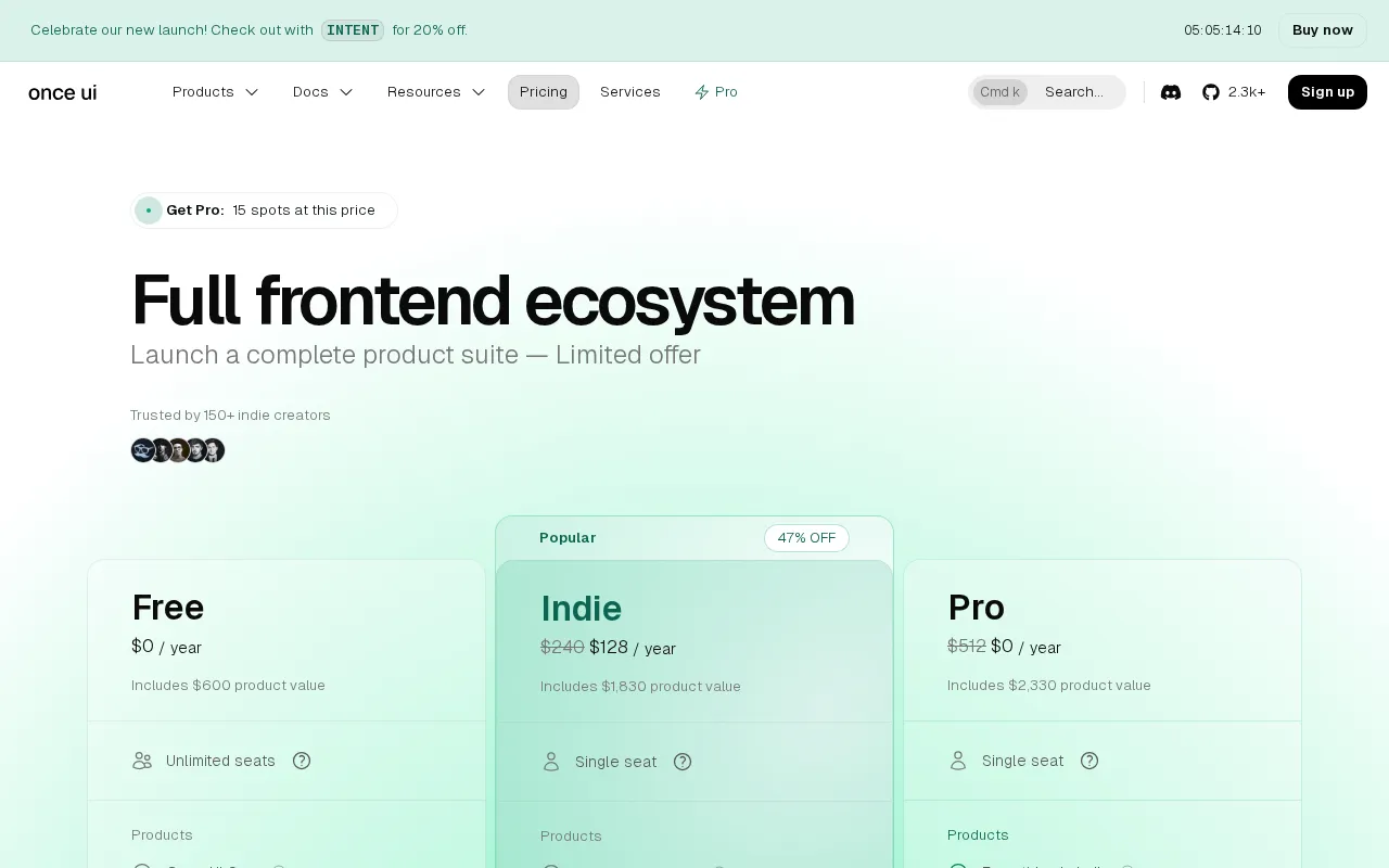 Once UI — pricing page