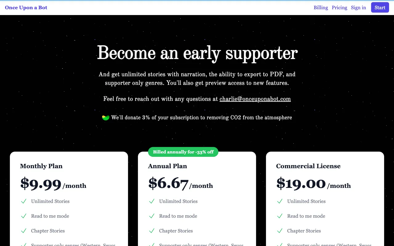 Once Upon A Bot — pricing page
