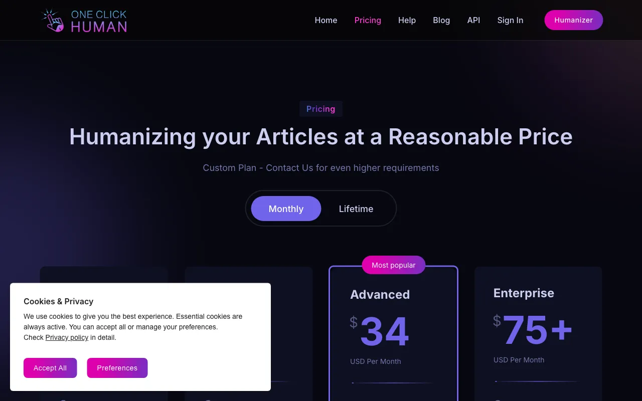 One Click Human — pricing page