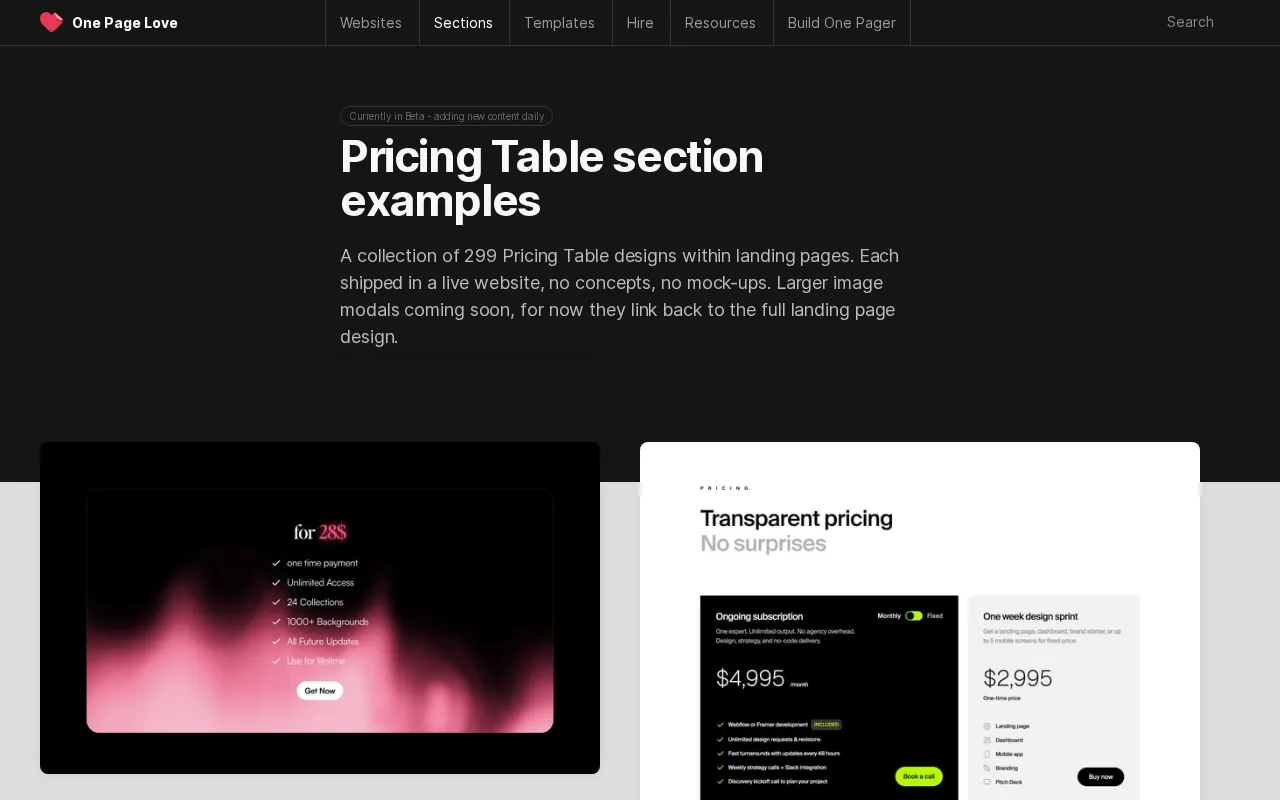 One Page Love — pricing page
