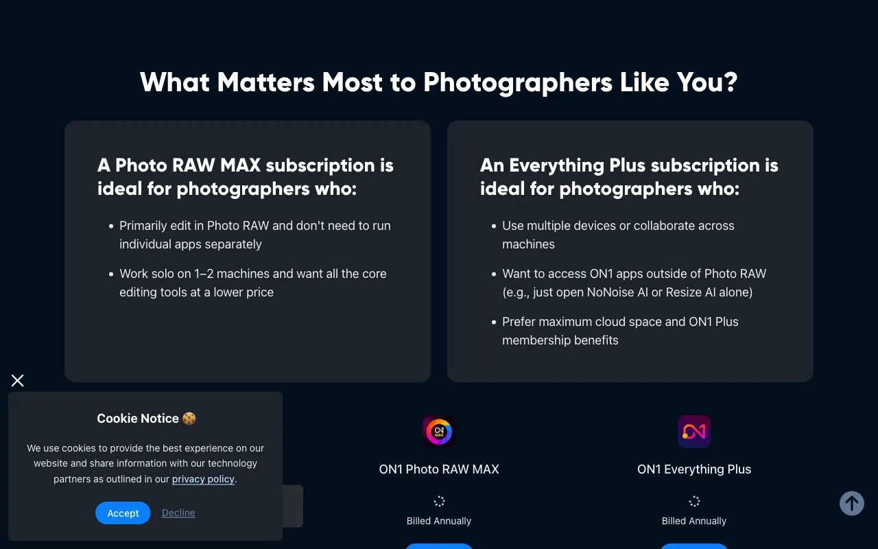 ON1 Photo RAW — pricing page
