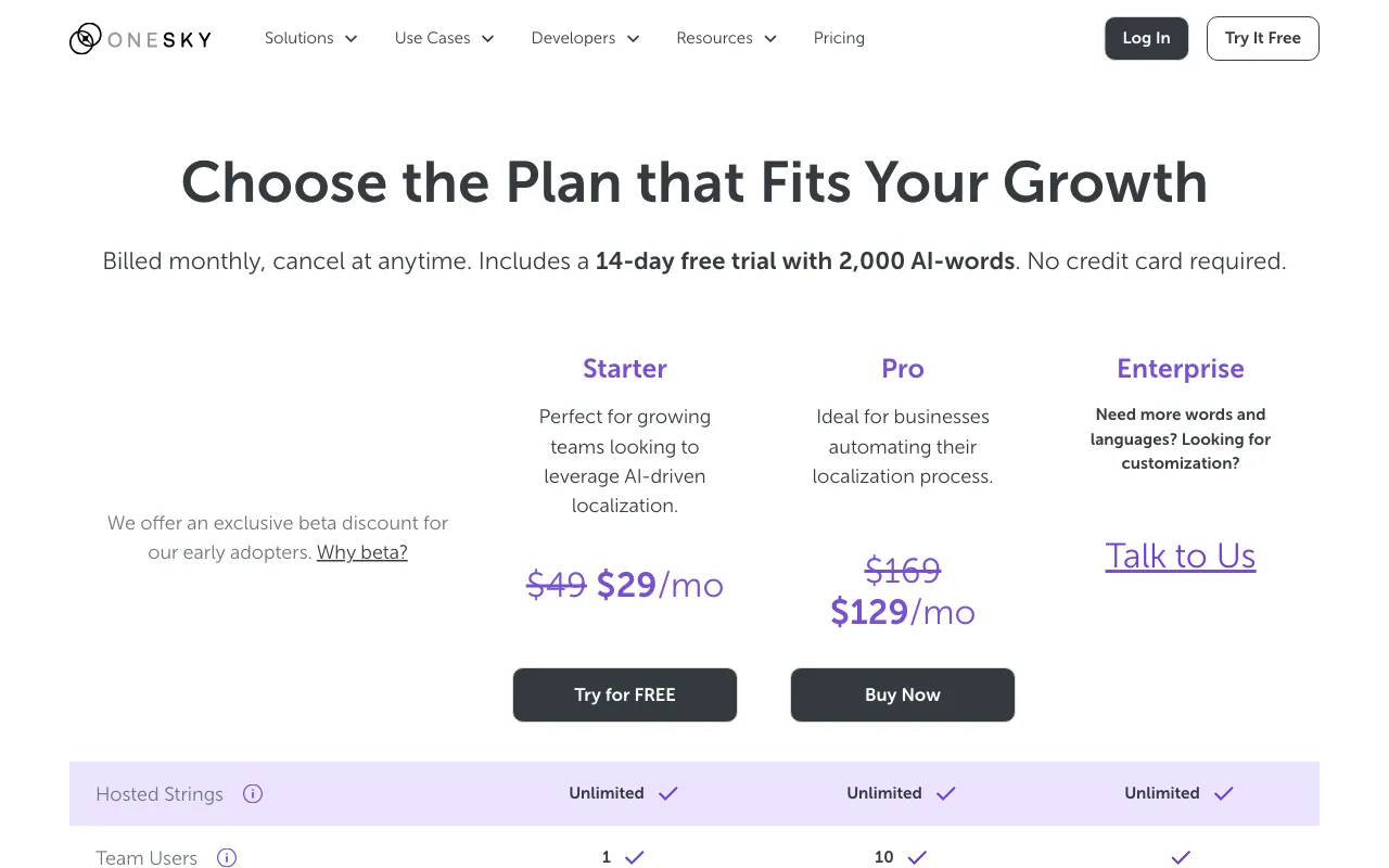OneSky Localization Agent — pricing page