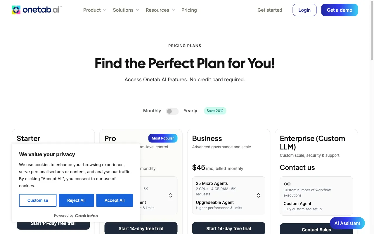 Onetab — pricing page