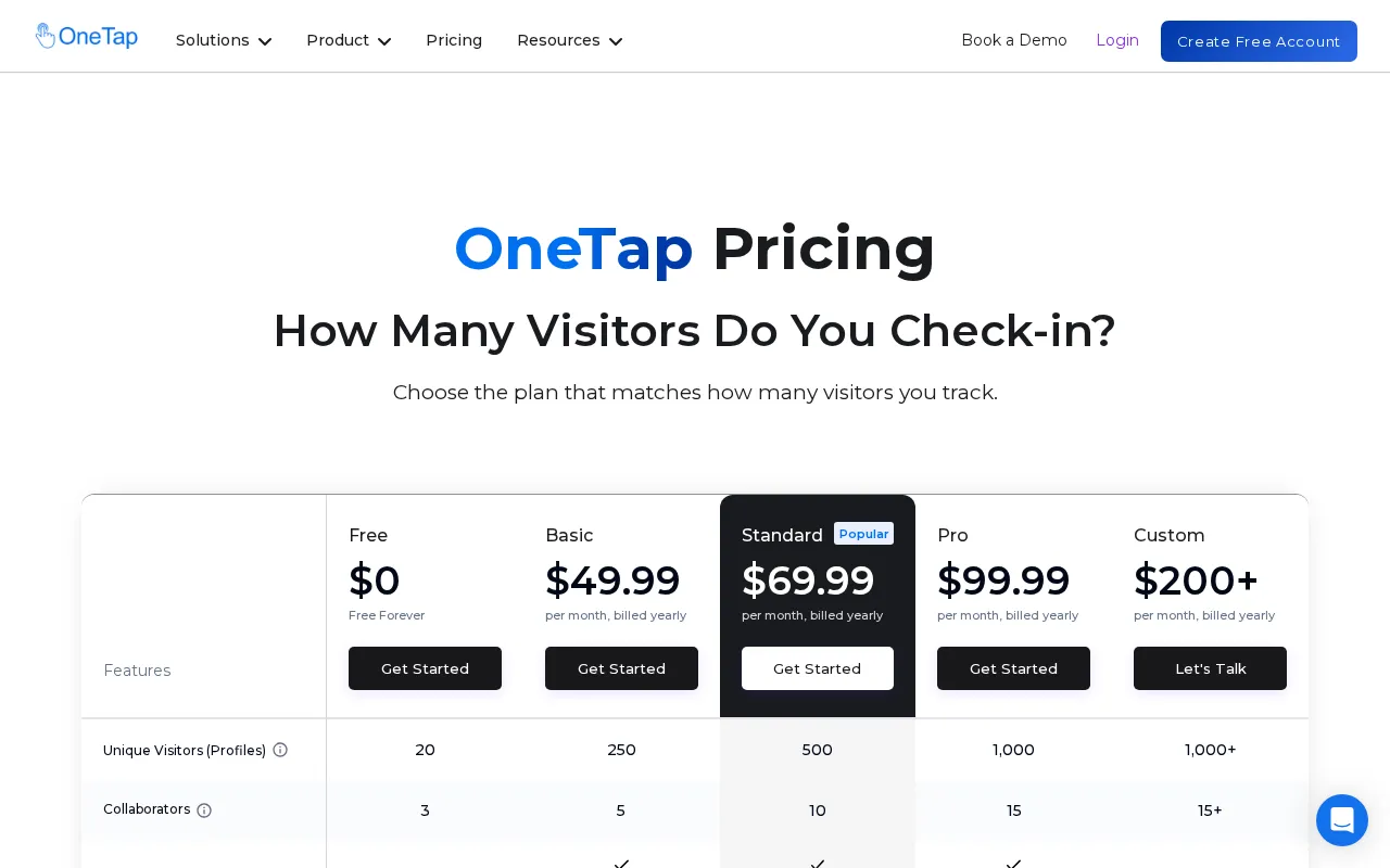 Onetapcheckin — pricing page