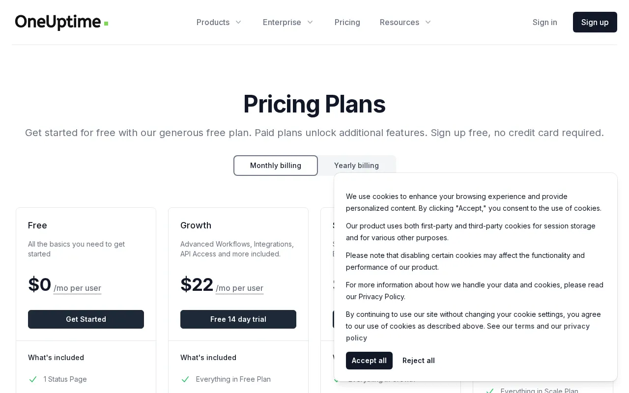 OneUptime — pricing page