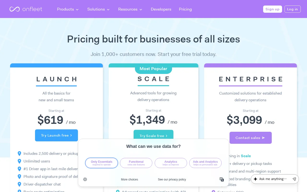 Onfleet — pricing page