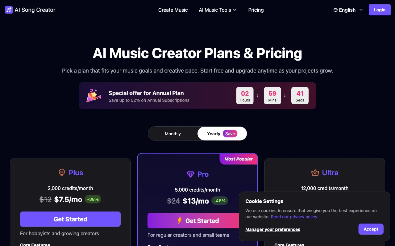 Online AI Song Generator That Respects Your Craft — pricing page