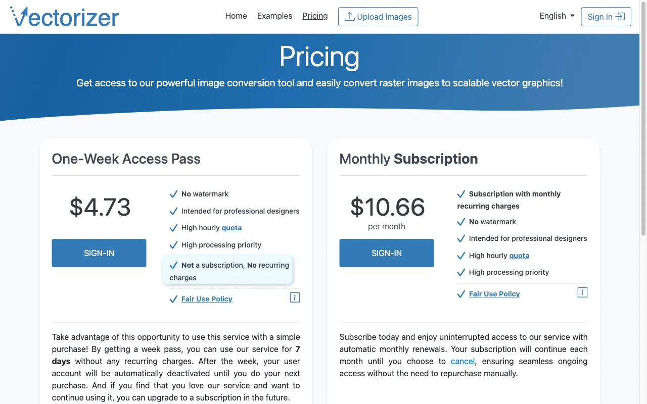 Online Image Vectorizer — pricing page