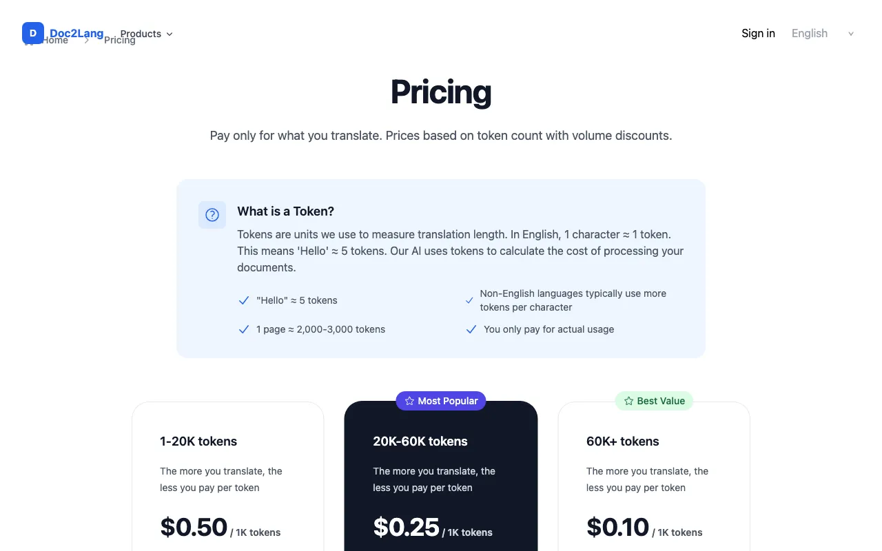 doc2lang — pricing page