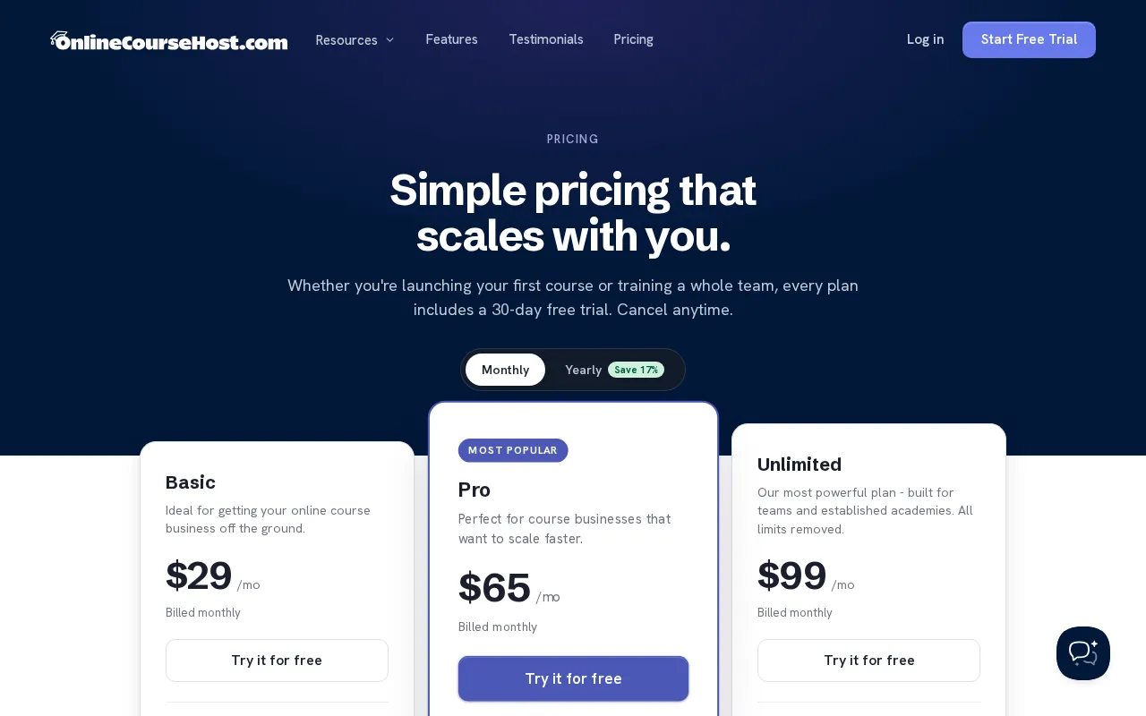Onlinecoursehost — pricing page