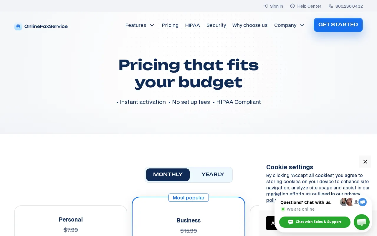 Onlinefaxservice — pricing page
