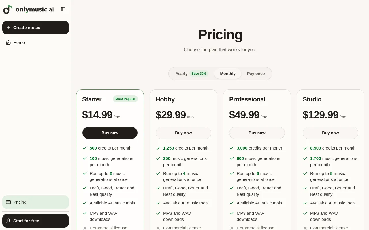 onlymusic.ai — pricing page