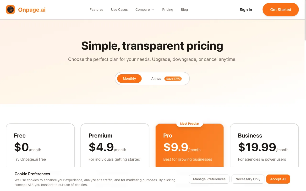 Onpage.ai — pricing page