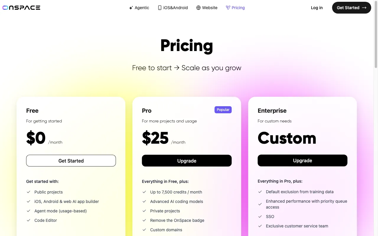 OnSpace.AI — pricing page
