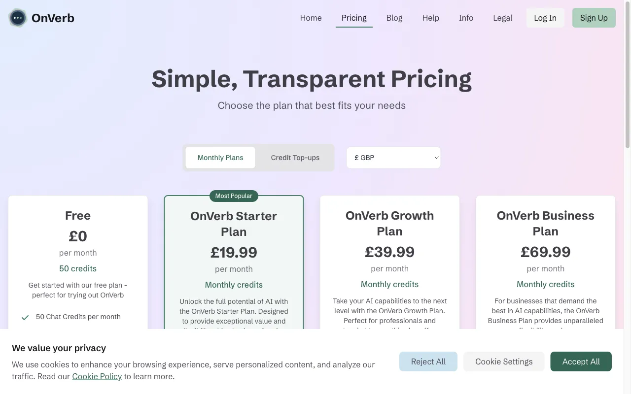 OnVerb — pricing page