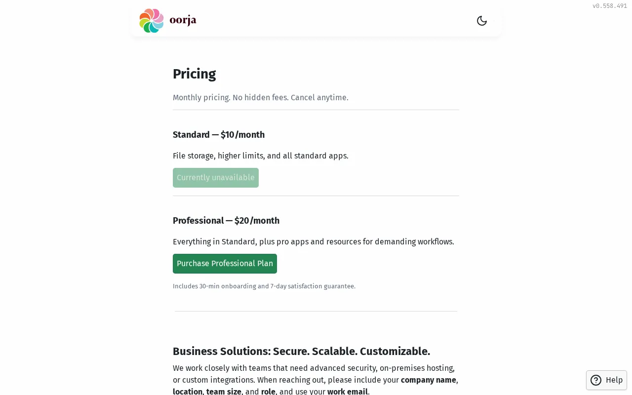 oorja — pricing page