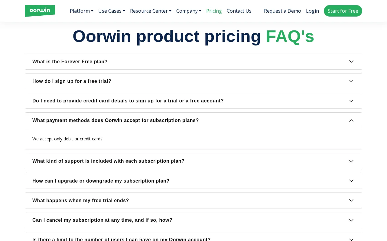 Oorwin — pricing page