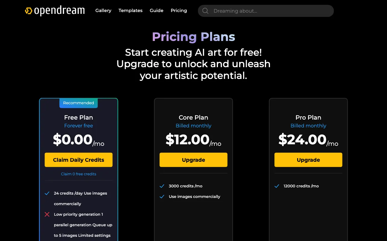 OpenDream — pricing page