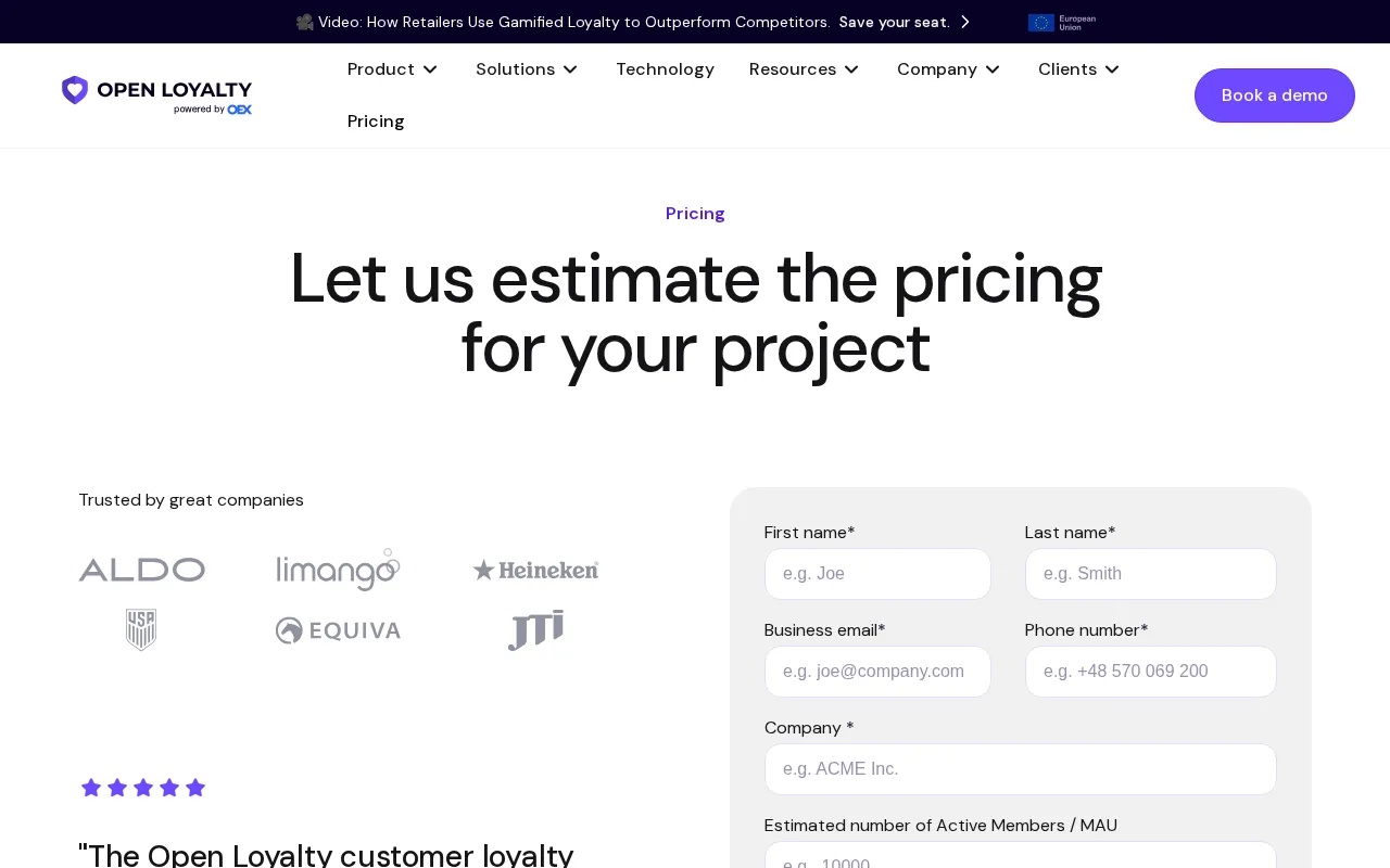 Open Loyalty for Startups — pricing page