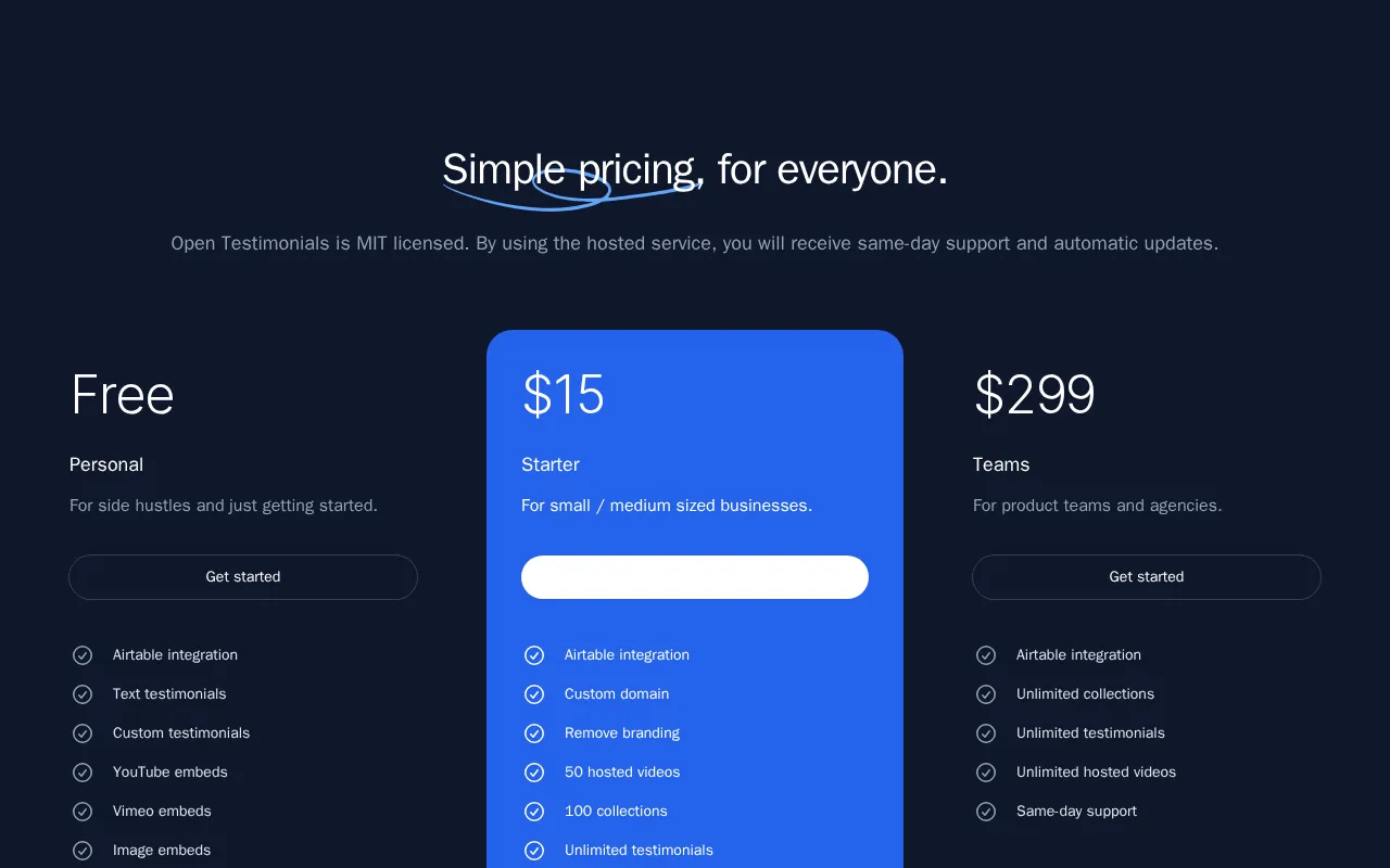 Open Testimonials — pricing page