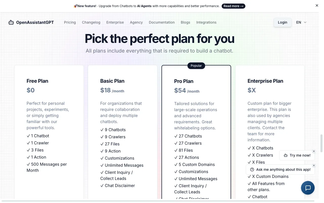 OpenAssistantGPT — pricing page
