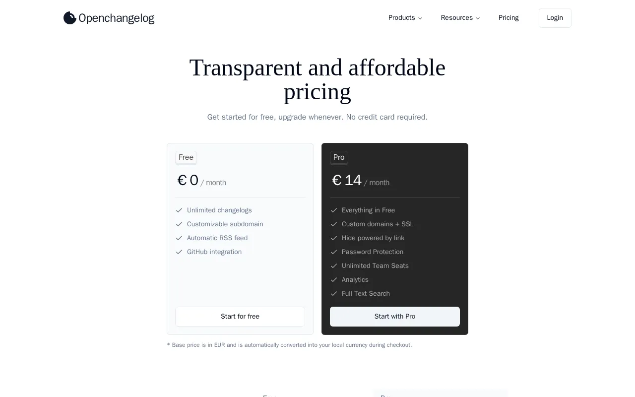 Openchangelog — pricing page