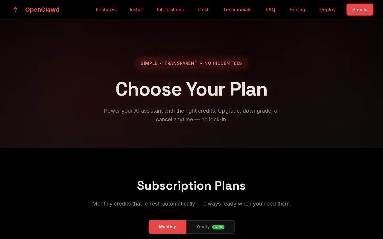 Openclaw AI — pricing page