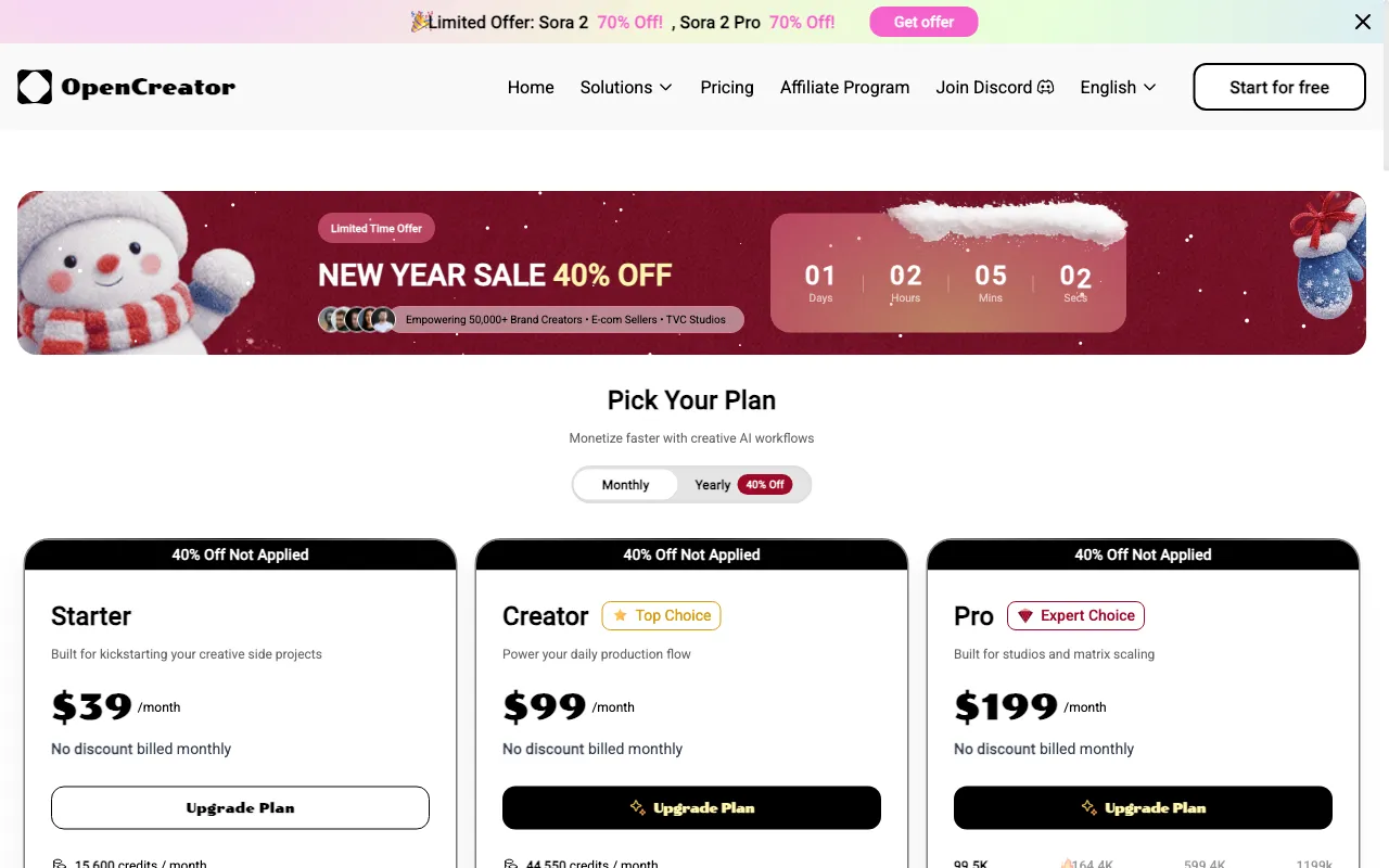 OpenCreator — pricing page