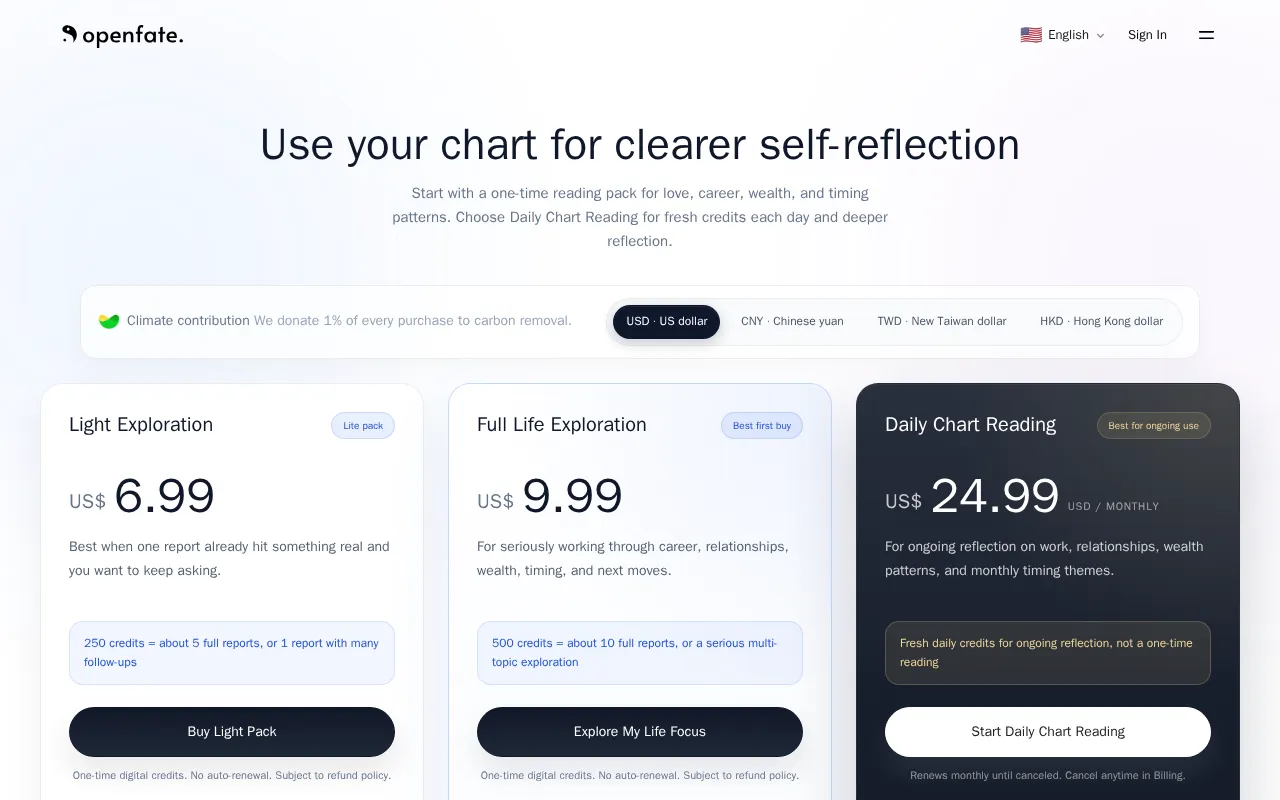OpenFate AI — pricing page