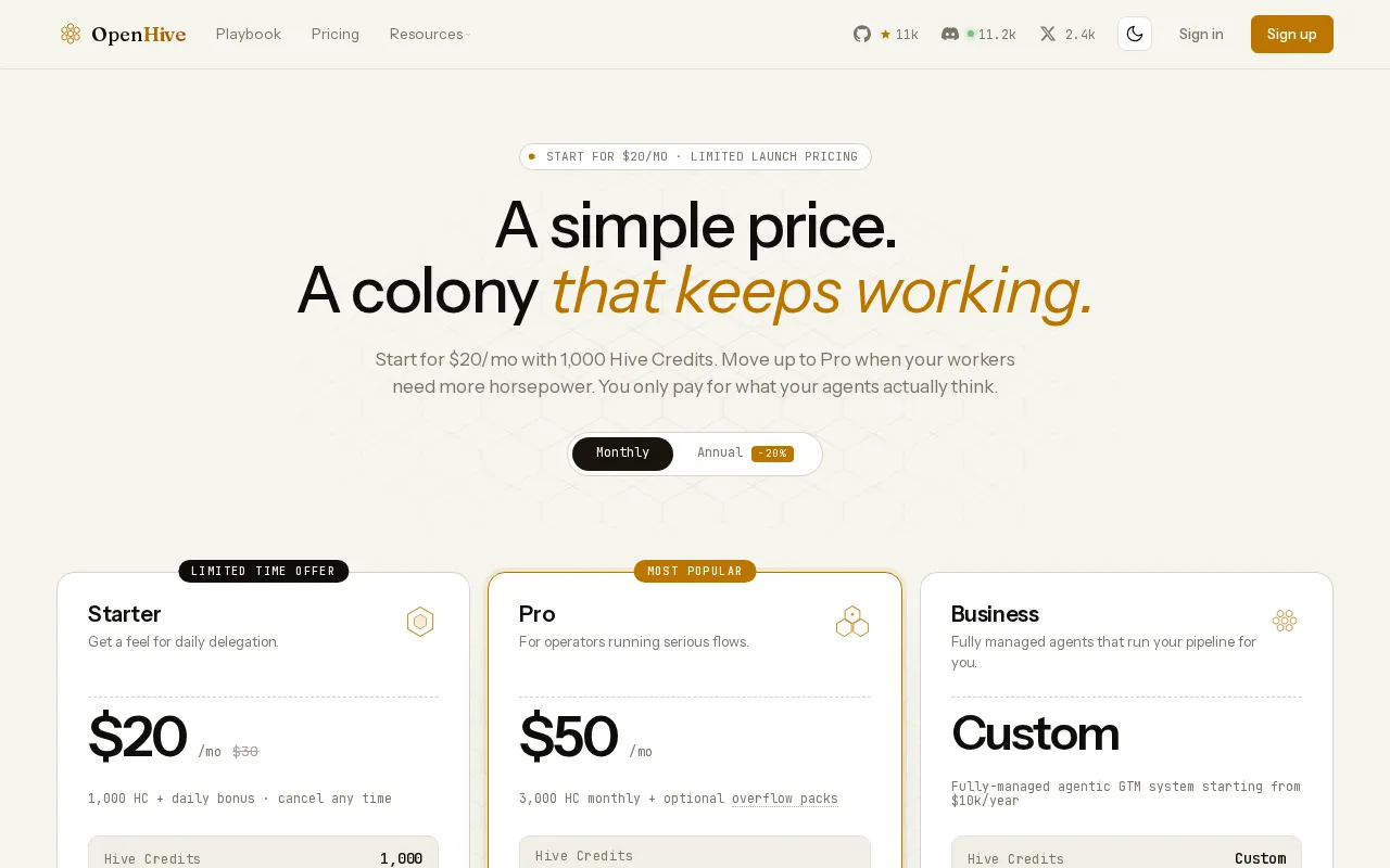 OpenHive — pricing page