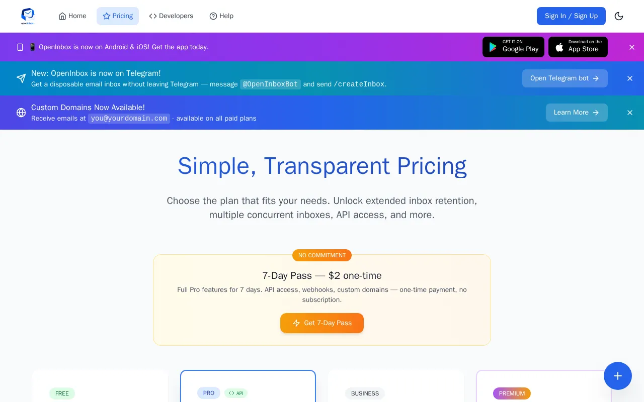 Openinbox — pricing page