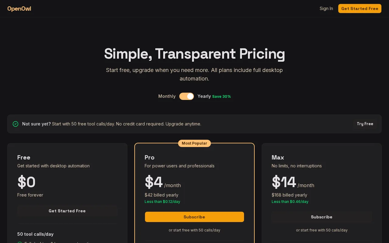OpenOwl — pricing page