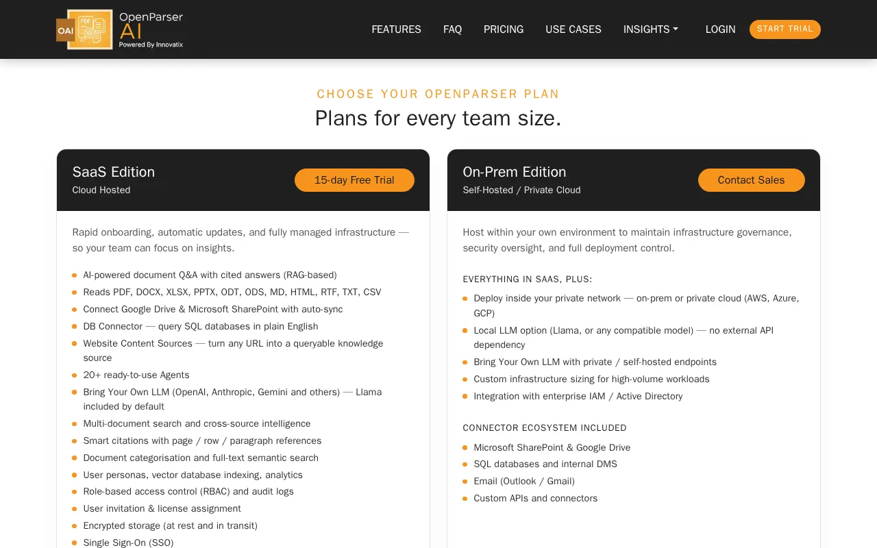 OpenParser AI — pricing page