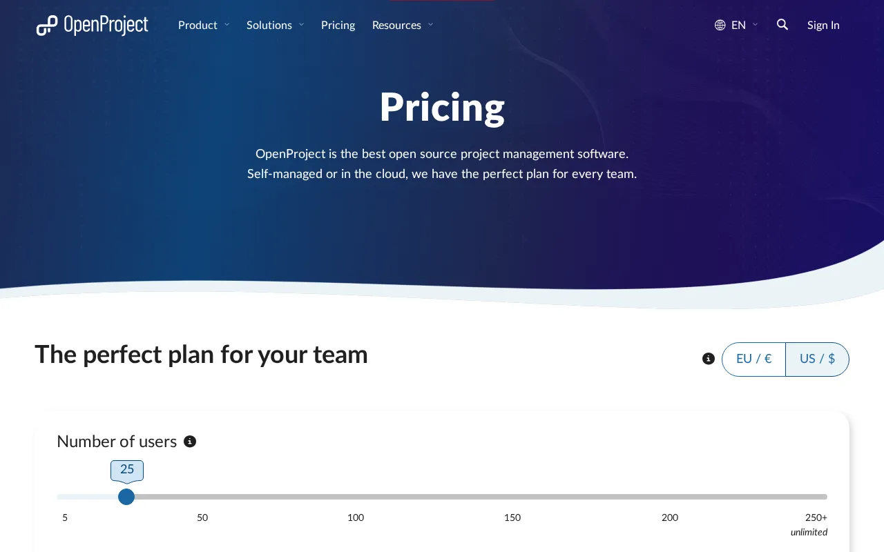 OpenProject — pricing page