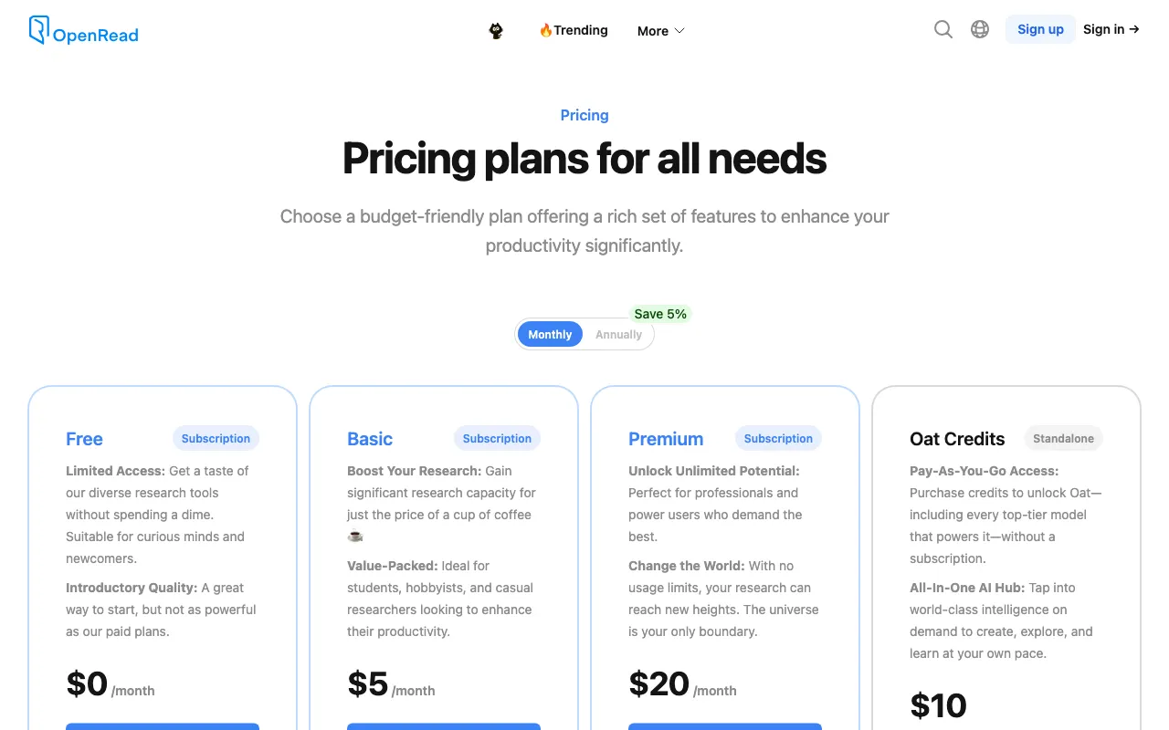 OpenRead — pricing page