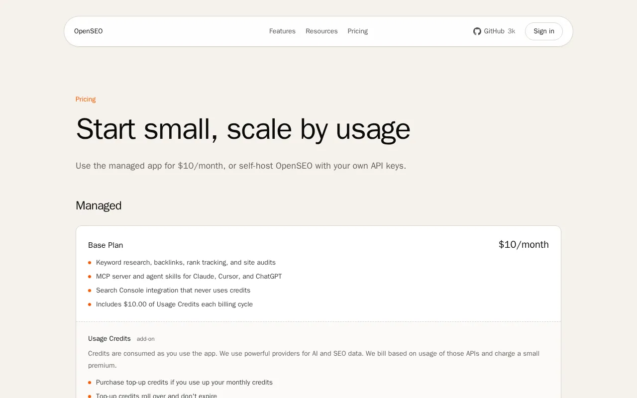 OpenSEO — pricing page
