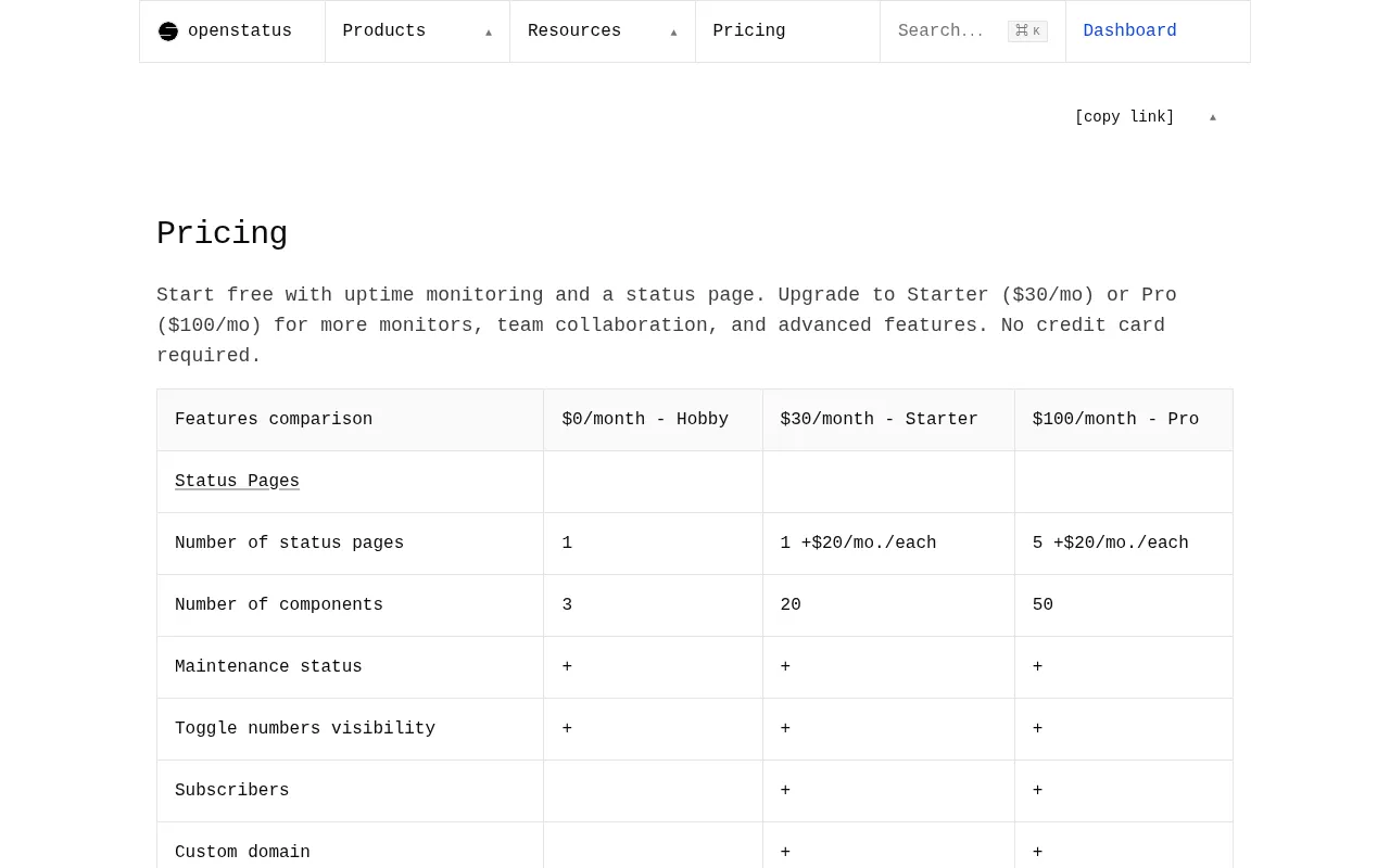 OpenStatus — pricing page