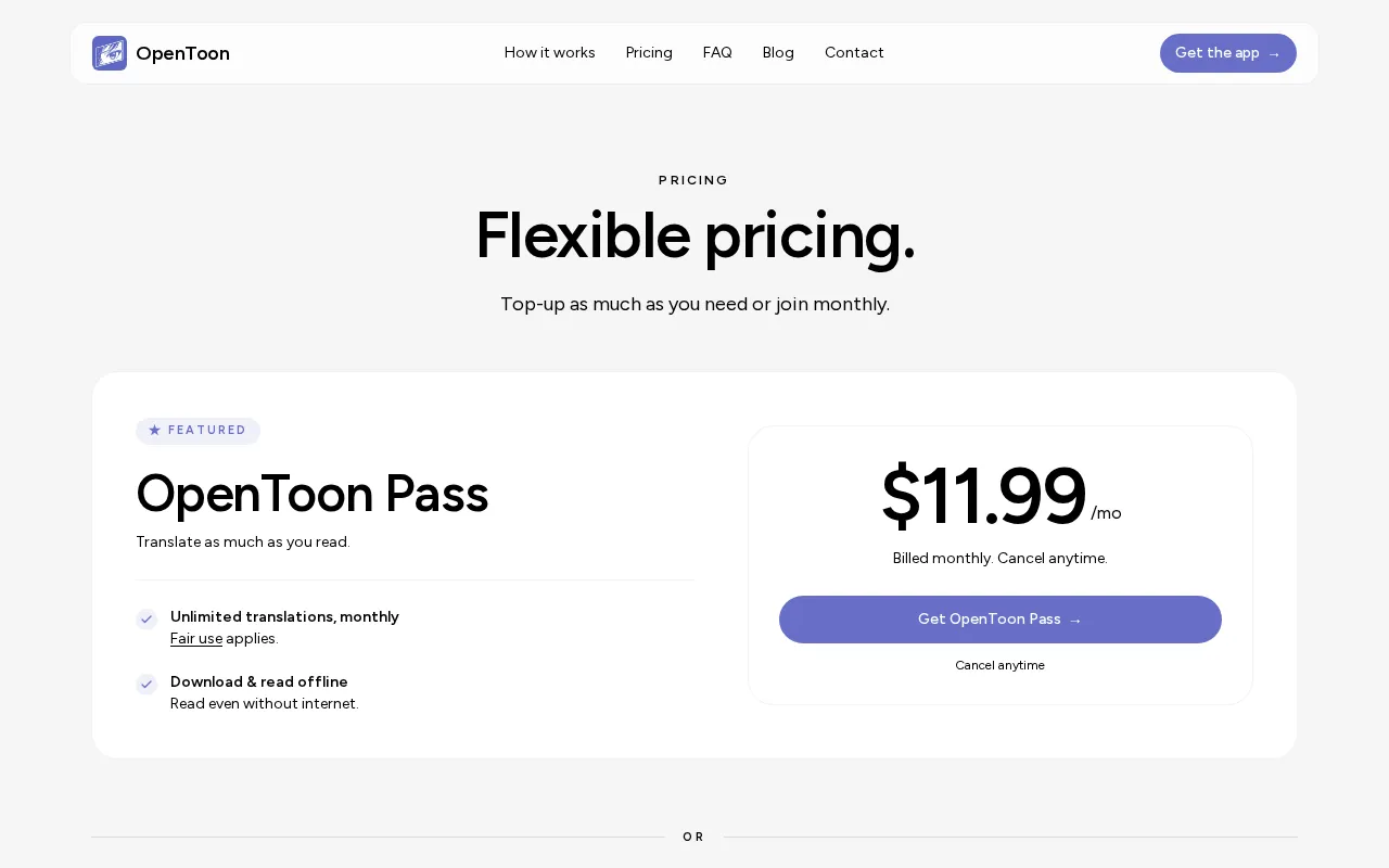 OpenToon — pricing page