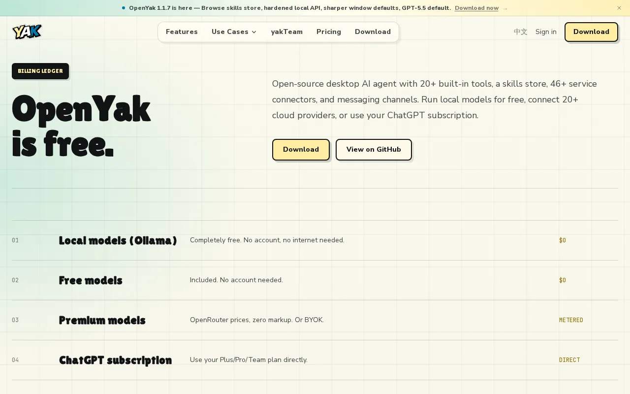 OpenYak — pricing page