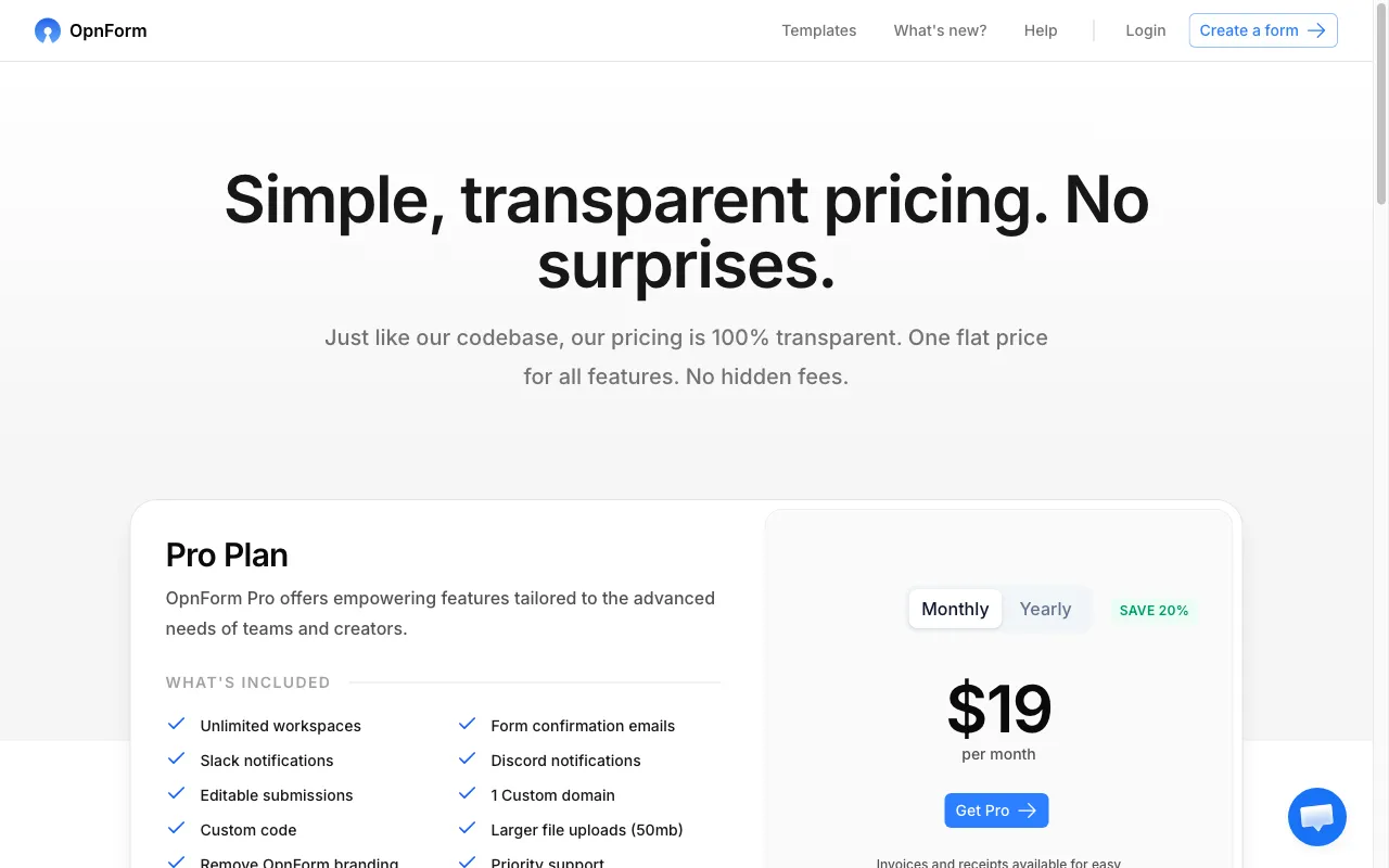 OpnForm — pricing page