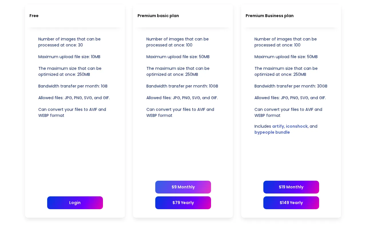 Optimize Images — pricing page