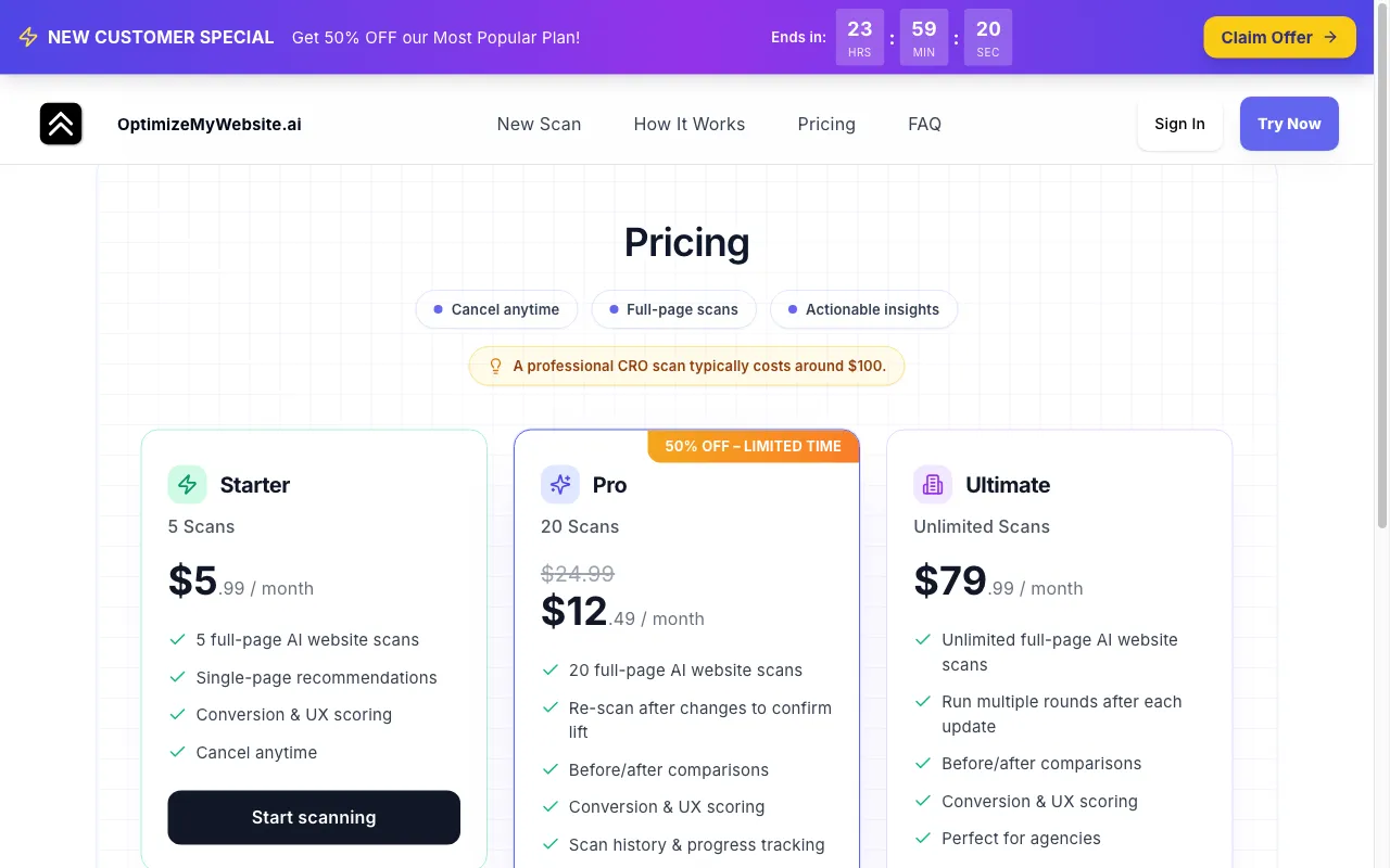 OptimizeMyWebsite.ai — pricing page
